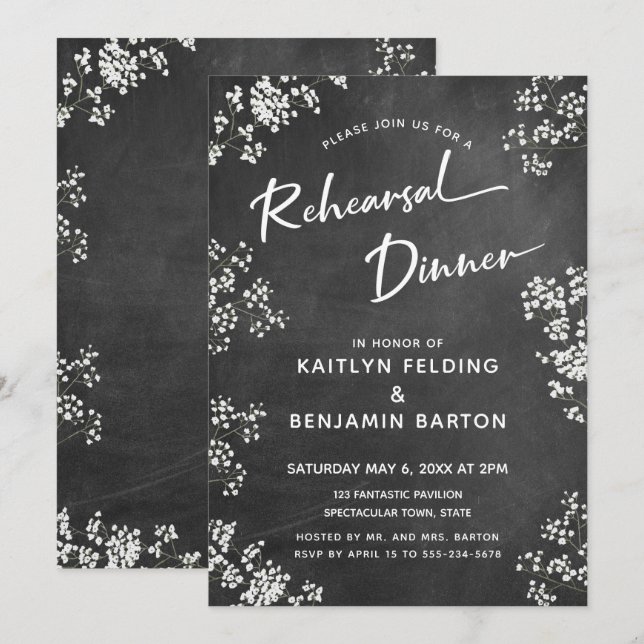 Baby's Breath Chalkboard Modern Rehearsal Dinner Invitation (Front/Back)