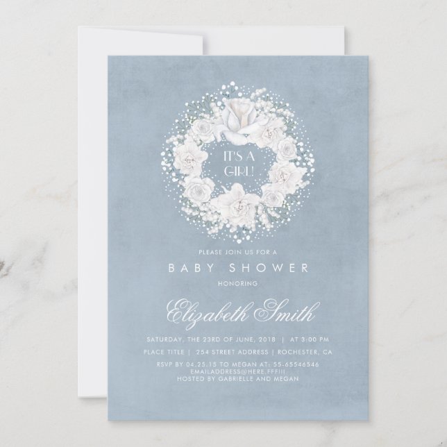 Baby's Breath Dusty Blue Floral Baby Shower Invitation (Front)
