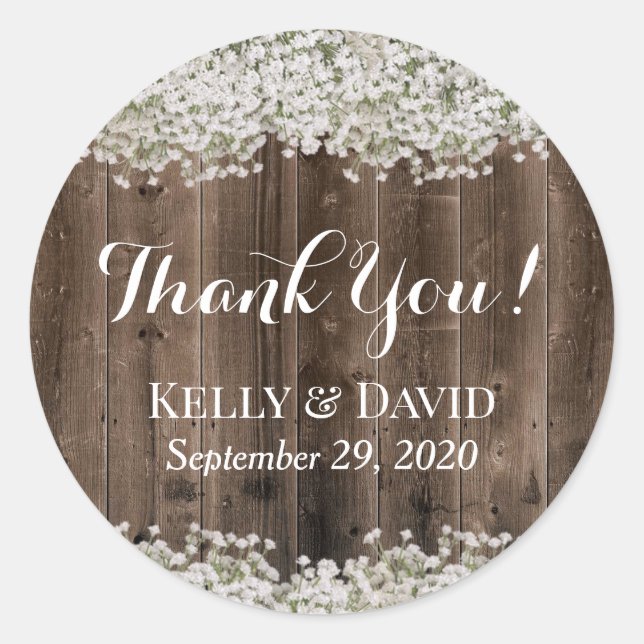 Baby's Breath Floral Barn Wood Rustic Wedding Classic Round Sticker (Front)