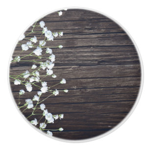 Baby's Breath Floral & Dark Rustic Wood Ceramic Knob