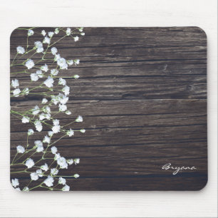 Baby's Breath Floral & Dark Rustic Wood Country Mouse Mat