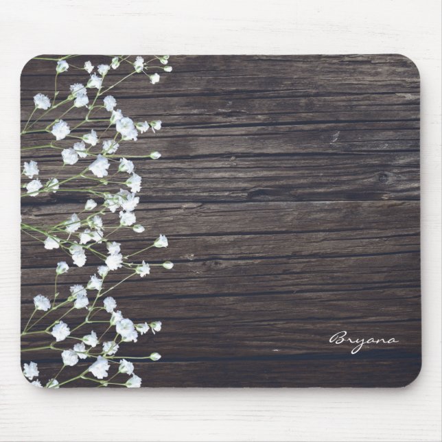 Baby's Breath Floral & Dark Rustic Wood Country Mouse Mat (Front)