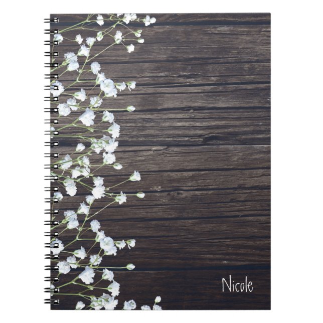 Baby's Breath Floral & Dark Rustic Wood Country Notebook (Front)