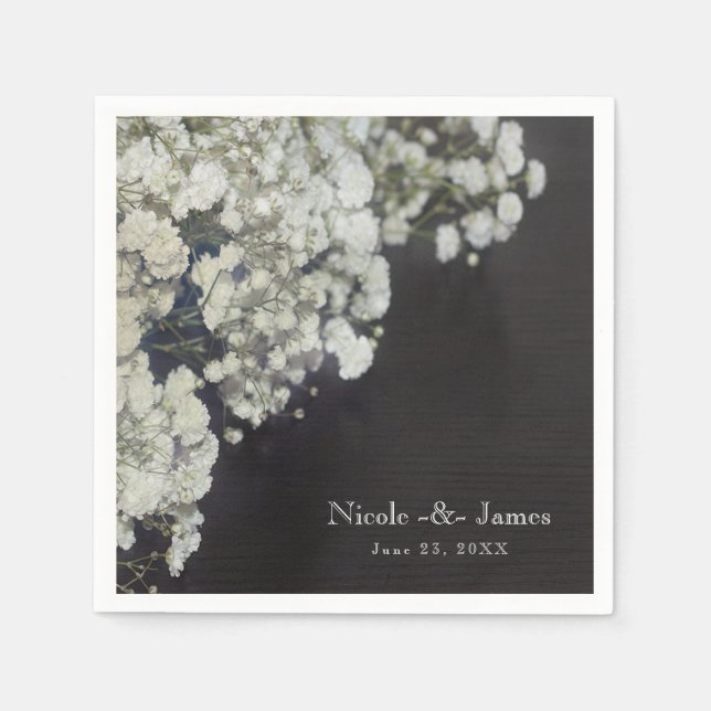 Baby's Breath Floral & Dark Rustic Wood Party Napkin (Front)