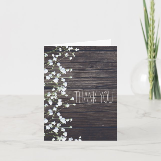 Baby's Breath Floral & Dark Rustic Wood Thank You Card (Front)