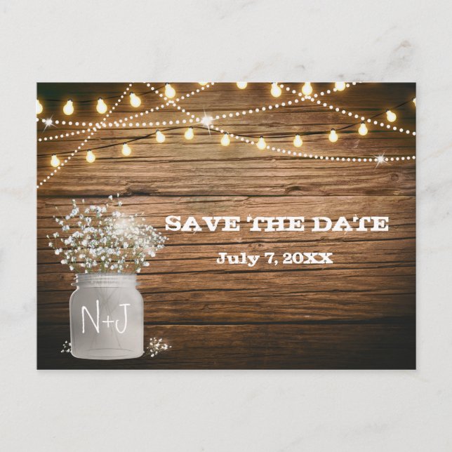 Baby's Breath Floral in Rustic Mason Jar & Lights Announcement Postcard (Front)