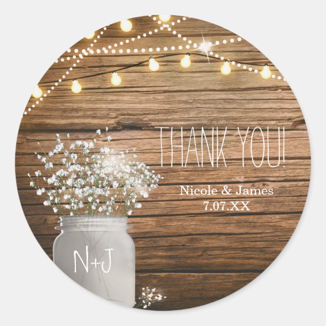 Baby's Breath Floral in Rustic Mason Jar & Lights Classic Round Sticker (Front)