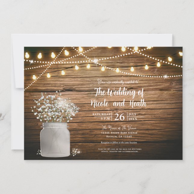 Baby's Breath Floral in Rustic Mason Jar & Lights Invitation (Front)