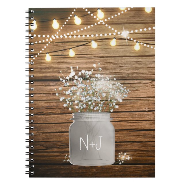 Baby's Breath Floral in Rustic Mason Jar & Lights Notebook (Front)