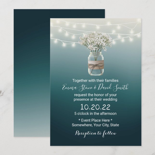 Baby's Breath Floral Jar Elegant Teal Wedding Invitation (Front/Back)