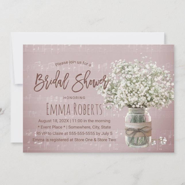 Baby's Breath Floral Jar Pink Music Bridal Shower Invitation (Front)