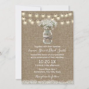 Baby's Breath Floral Jar Rustic Burlap Wedding Invitation