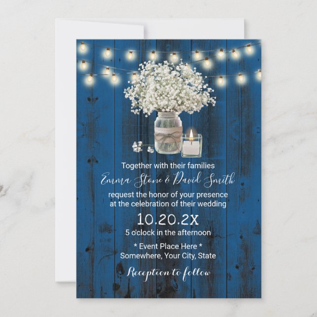 Baby's Breath Floral Jar Rustic Navy Barn Wedding Invitation (Front)
