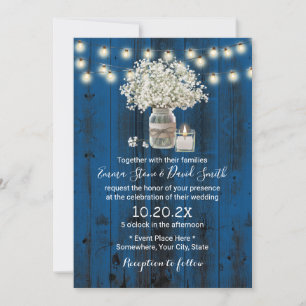 Baby's Breath Floral Jar Rustic Navy Barn Wedding Invitation