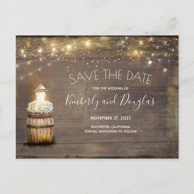 Baby's Breath Floral Lantern Rustic Save the Date Announcement Postcard (Front)