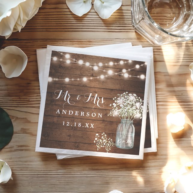 Baby's Breath Floral Mason Jar Rustic Wood Wedding Napkin (Creator Uploaded)