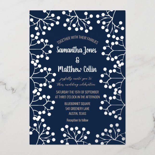 Baby's Breath Floral Navy Blue Gold Foil Wedding (Front)