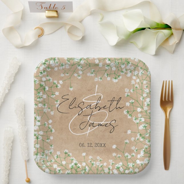 Baby's Breath Floral Rustic Boho Farmhouse Wedding Paper Plate (Wedding)