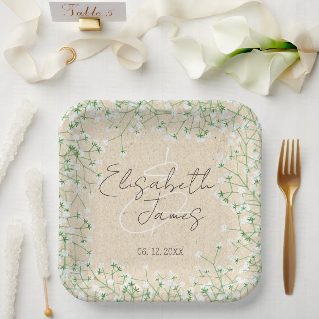 Baby's Breath Floral Rustic Boho Farmhouse Wedding Paper Plate (Wedding)