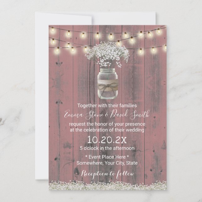 Baby's Breath Floral Rustic Pink Barn Wood Wedding Invitation (Front)