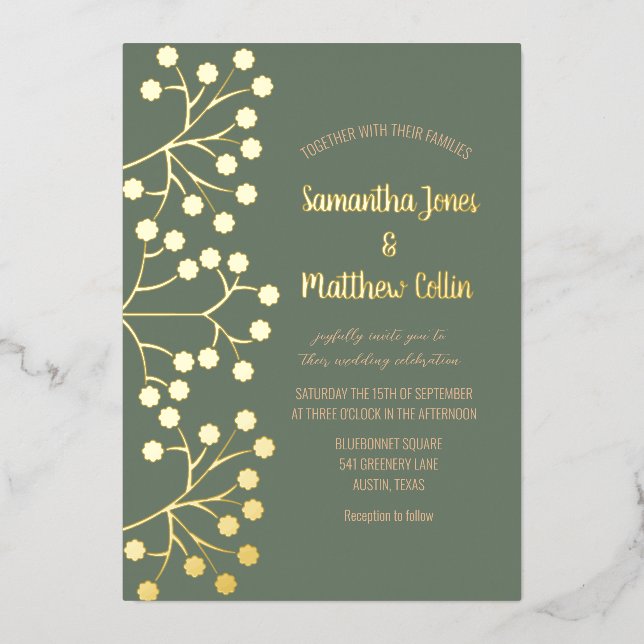Baby's Breath Floral  Sage Green Gold Foil Wedding (Front)