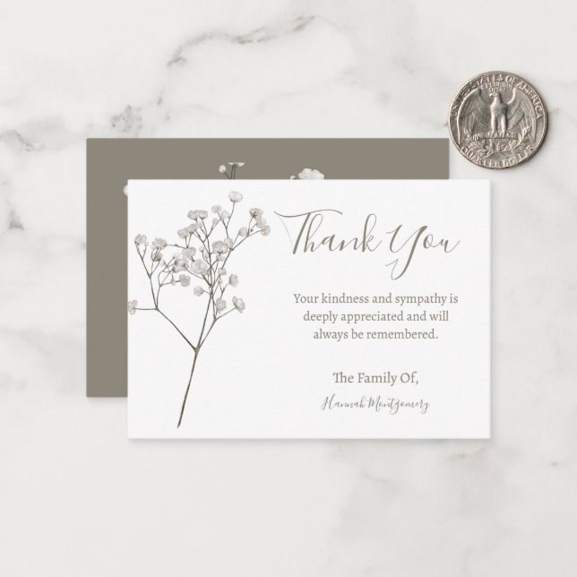 Babys Breath Floral Sympathy Thank You Card (Front/Back In Situ)