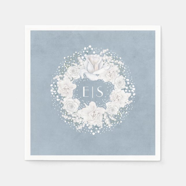 Baby's Breath Floral White and Dusty Blue Napkin (Front)