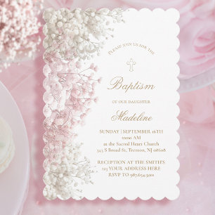 Baby's Breath flowers baby girl Baptism Invitation