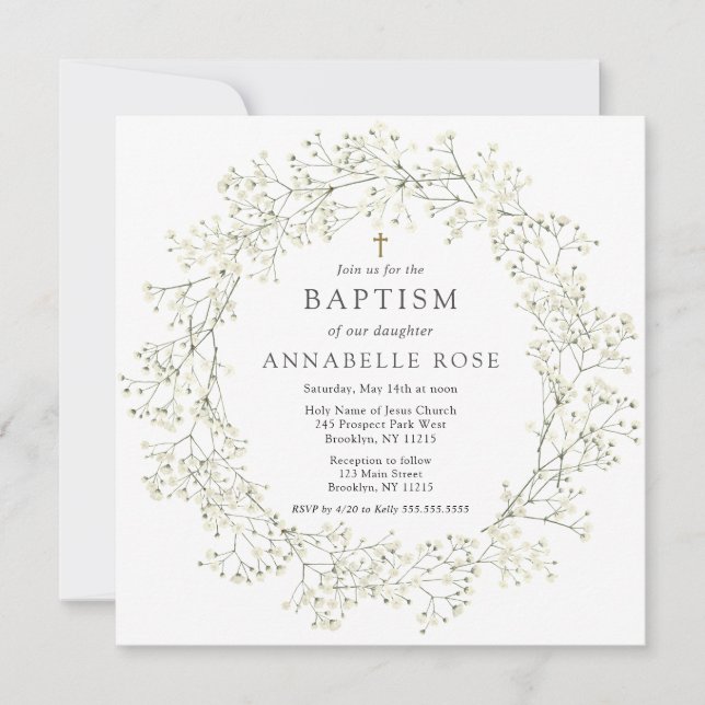 Baby's Breath Flowers Baptism Invitation (Front)