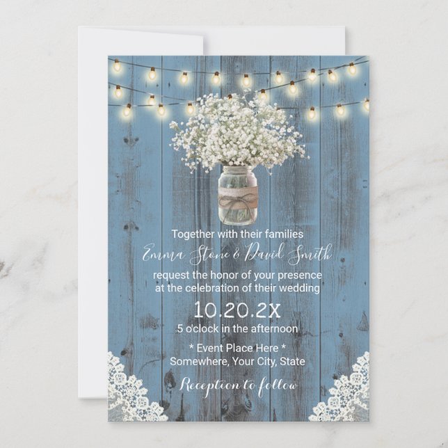 Baby's Breath Flowers Dusty Blue Barn Wedding Invitation (Front)