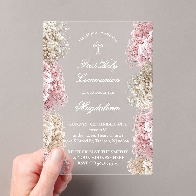 Baby's Breath flowers |First Communion Acrylic Invitations (Insitu (Handheld))