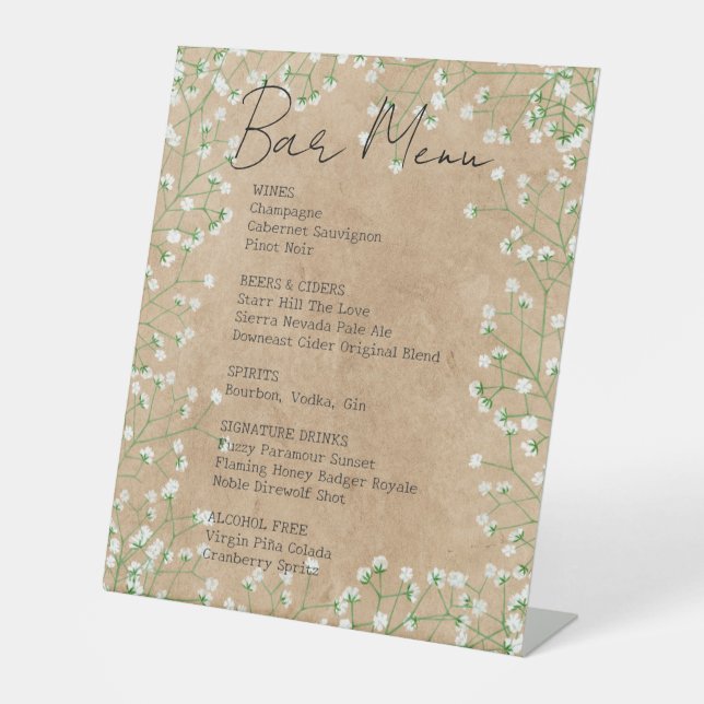 Baby's Breath Flowers Rustic Wedding Bar Menu Sign (Front)