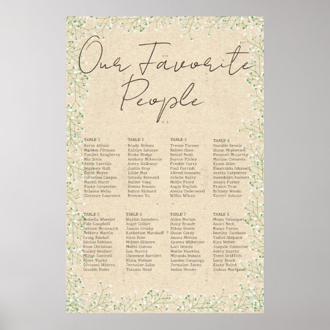 Baby's Breath Flowers Rustic Wedding Seating Chart (Front)