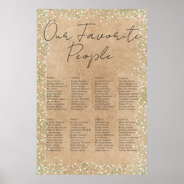 Baby's Breath Flowers Rustic Wedding Seating Chart (Front)