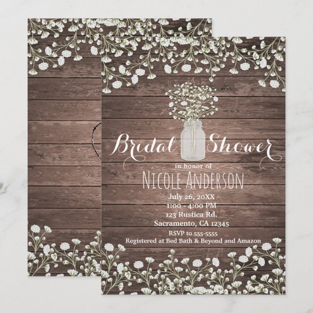 Baby's Breath Flowers Rustic Wood Bridal Shower Invitation (Front/Back)