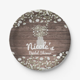 Baby's Breath Flowers Rustic Wood Bridal Shower Paper Plate