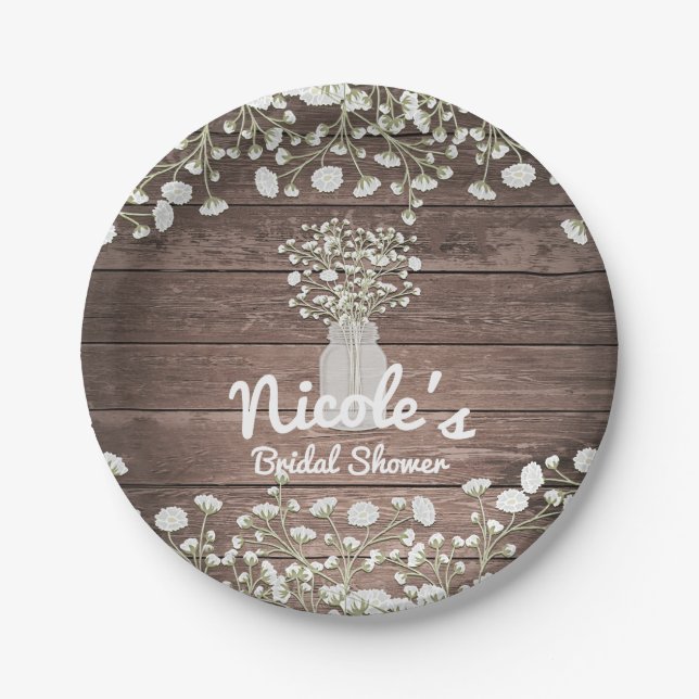Baby's Breath Flowers Rustic Wood Bridal Shower Paper Plate (Front)