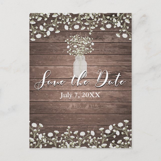 Baby's Breath Flowers Rustic Wood Save the Date Announcement Postcard (Front)