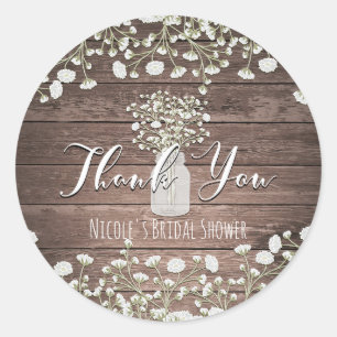 Baby's Breath Flowers Rustic Wood Thank You Favour Classic Round Sticker