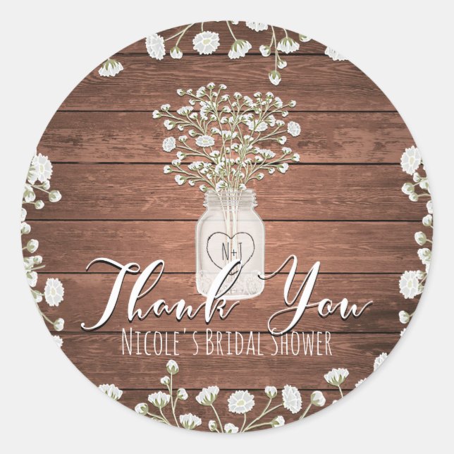 Baby's Breath Flowers & Wood Elegant Rustic Favour Classic Round Sticker (Front)