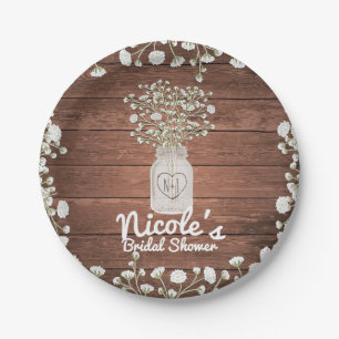 Baby's Breath Flowers & Wood Elegant Rustic Party Paper Plate