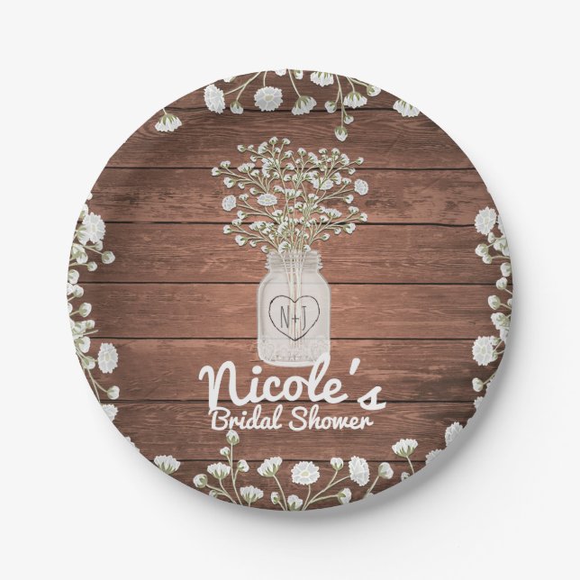 Baby's Breath Flowers & Wood Elegant Rustic Party Paper Plate (Front)