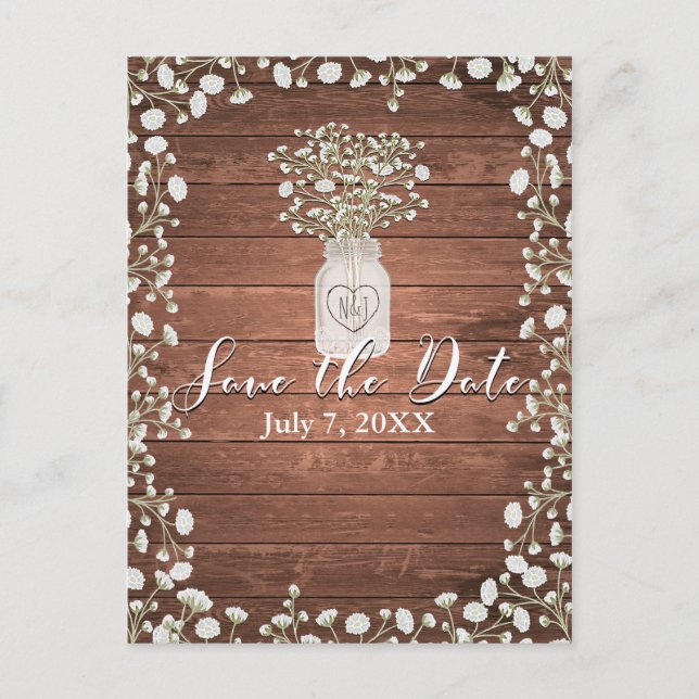 Baby's Breath Flowers & Wood Elegant Save the Date Announcement Postcard (Front)