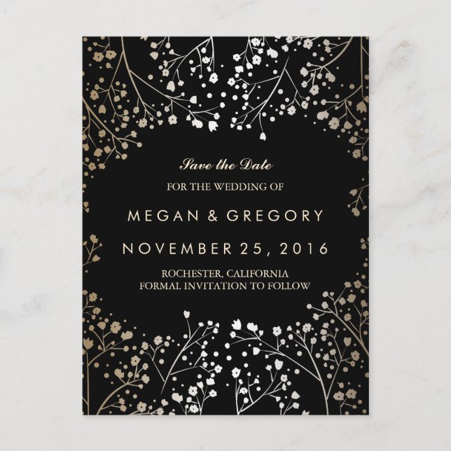 baby's breath gold and black save the date announcement postcard (Front)