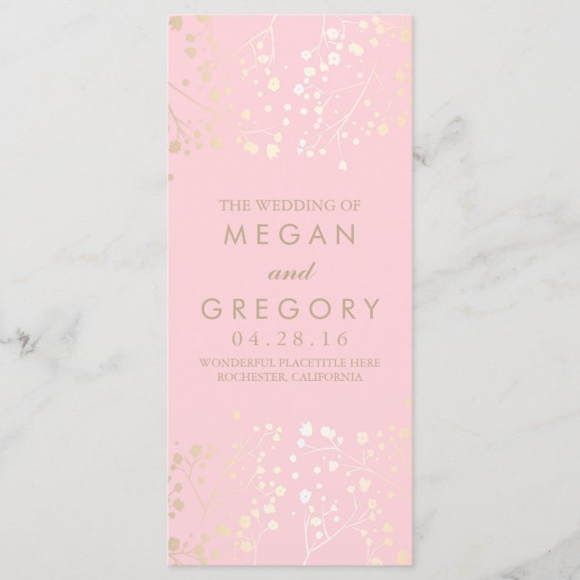 Baby's Breath Gold and Pink Wedding Programs Programme (Front)