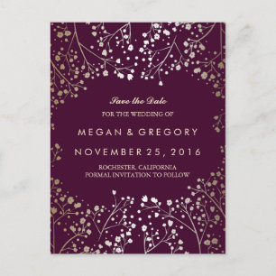 baby's breath gold and plum save the date announcement postcard