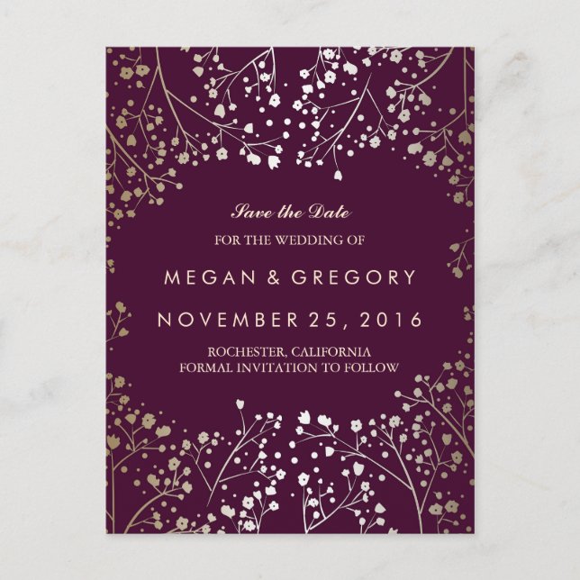 baby's breath gold and plum save the date announcement postcard (Front)