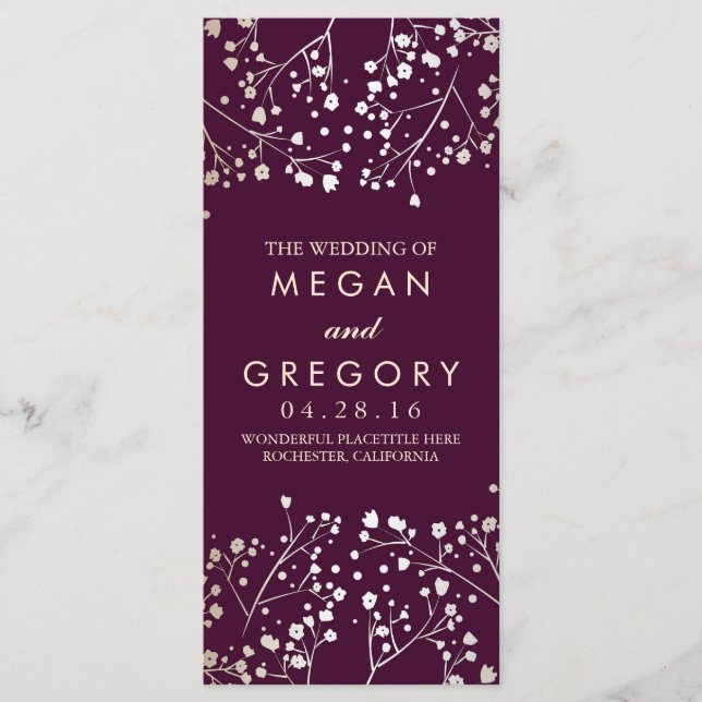 Baby's Breath Gold and Plum Wedding Programs Programme (Front)