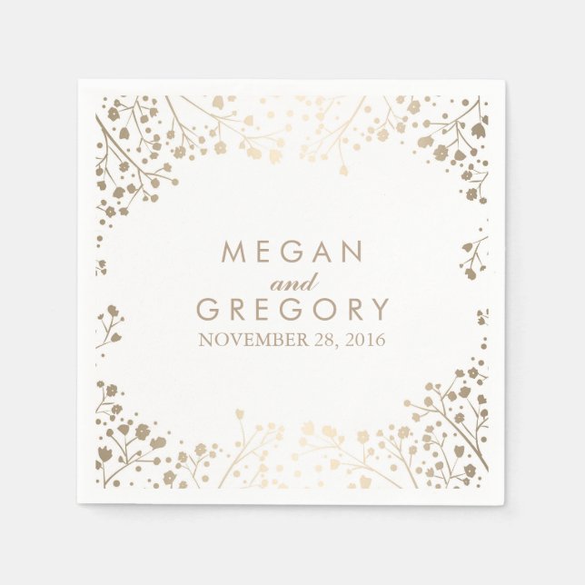 Baby's Breath Gold Floral White Wedding Napkin (Front)