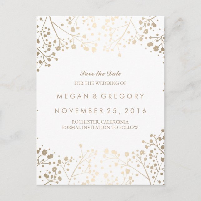 baby's breath gold foil effect save the date announcement postcard (Front)